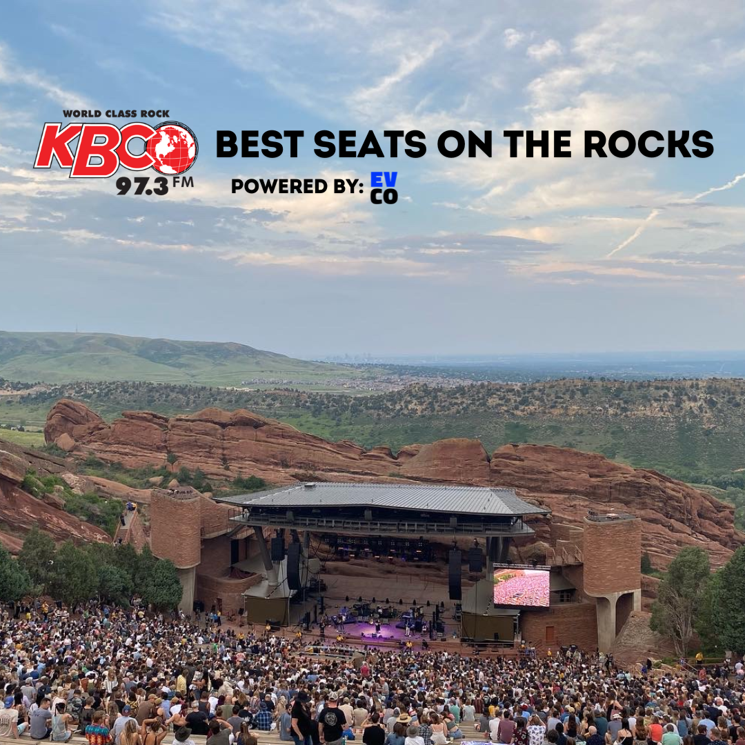 A graphic showing Red Rocks Amphitheatre with full audience. KBCO 97.3FM: Best Seats on the Rocks, powered by EV CO