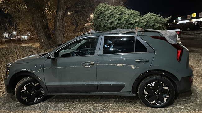 A side image of Ari's grey Kira Niro EV, parked with a Christmas tree tied to the top.