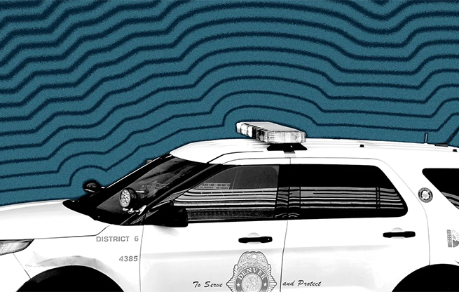 Photo illustration of a Denver Police cruiser with lines radiating from it