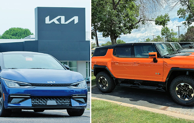Blue Kia EV and orange Hummer EV