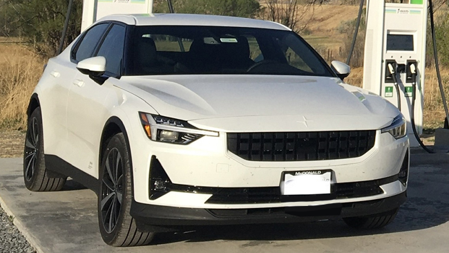 An image of Frank's white Polestar 2 charging.