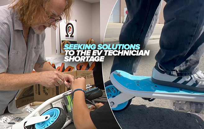 Collage of images representing students working on electric vehicle technology