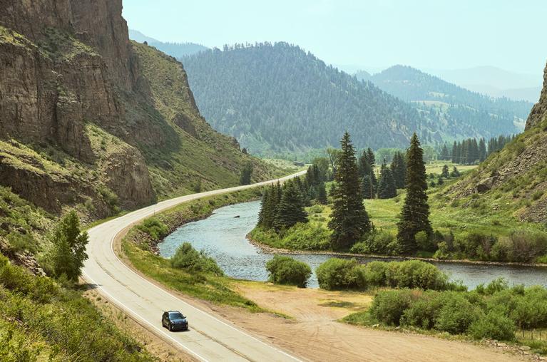 A car driving along a road.