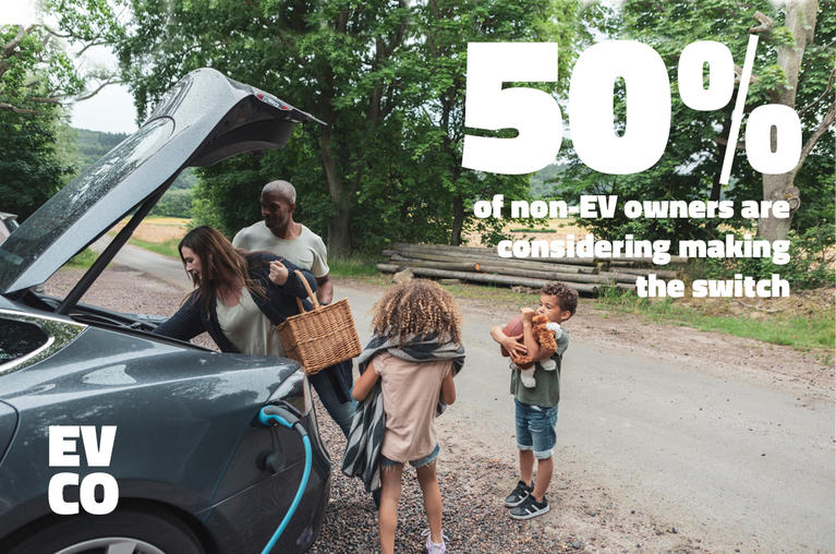 An infographic featuring a family loading the trunk of their EV